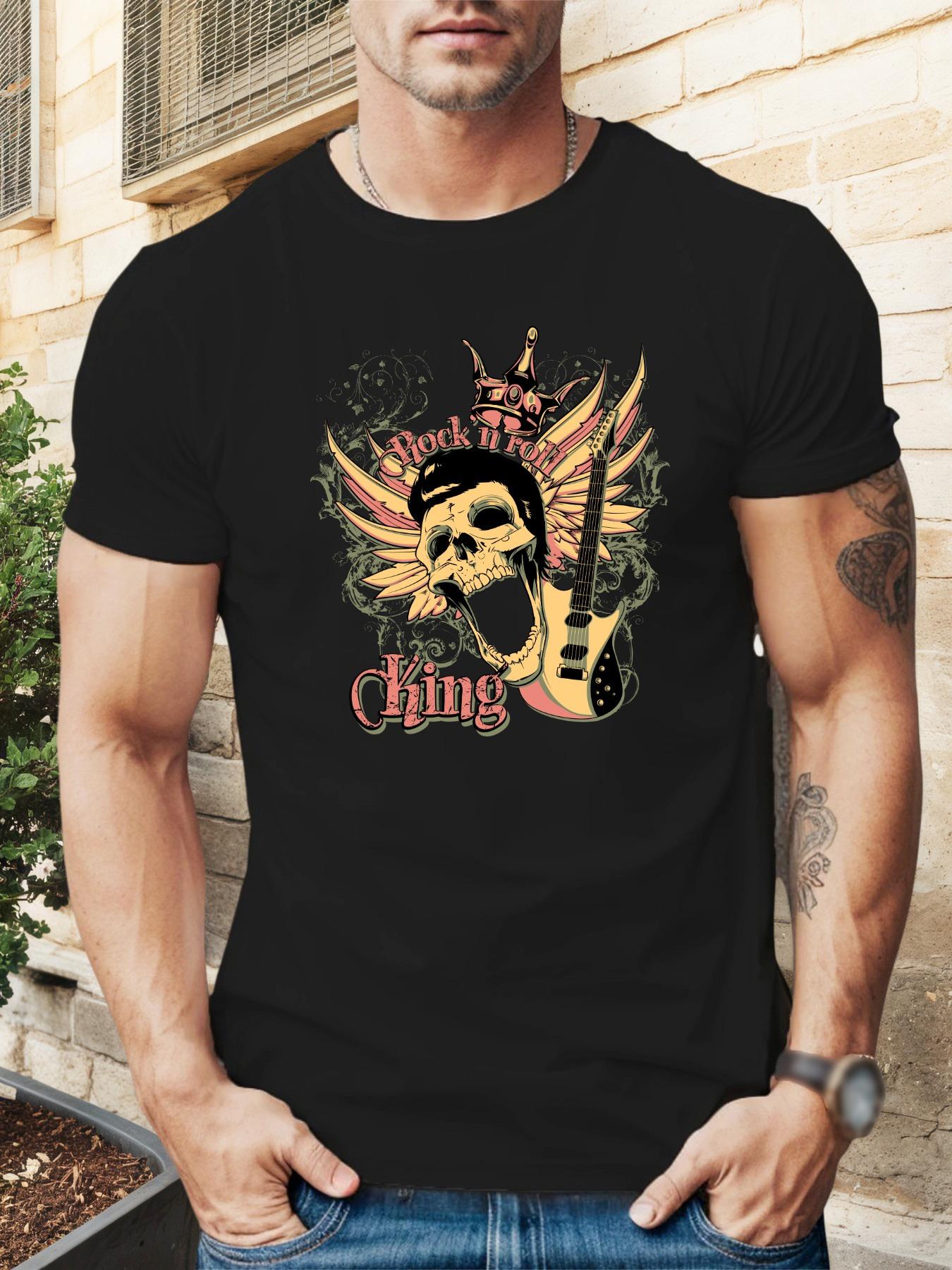 Rock Skull Guitarist Graphic T-shirt - Vibrant Green Summer Casual Tee with Crown & Wings Design S