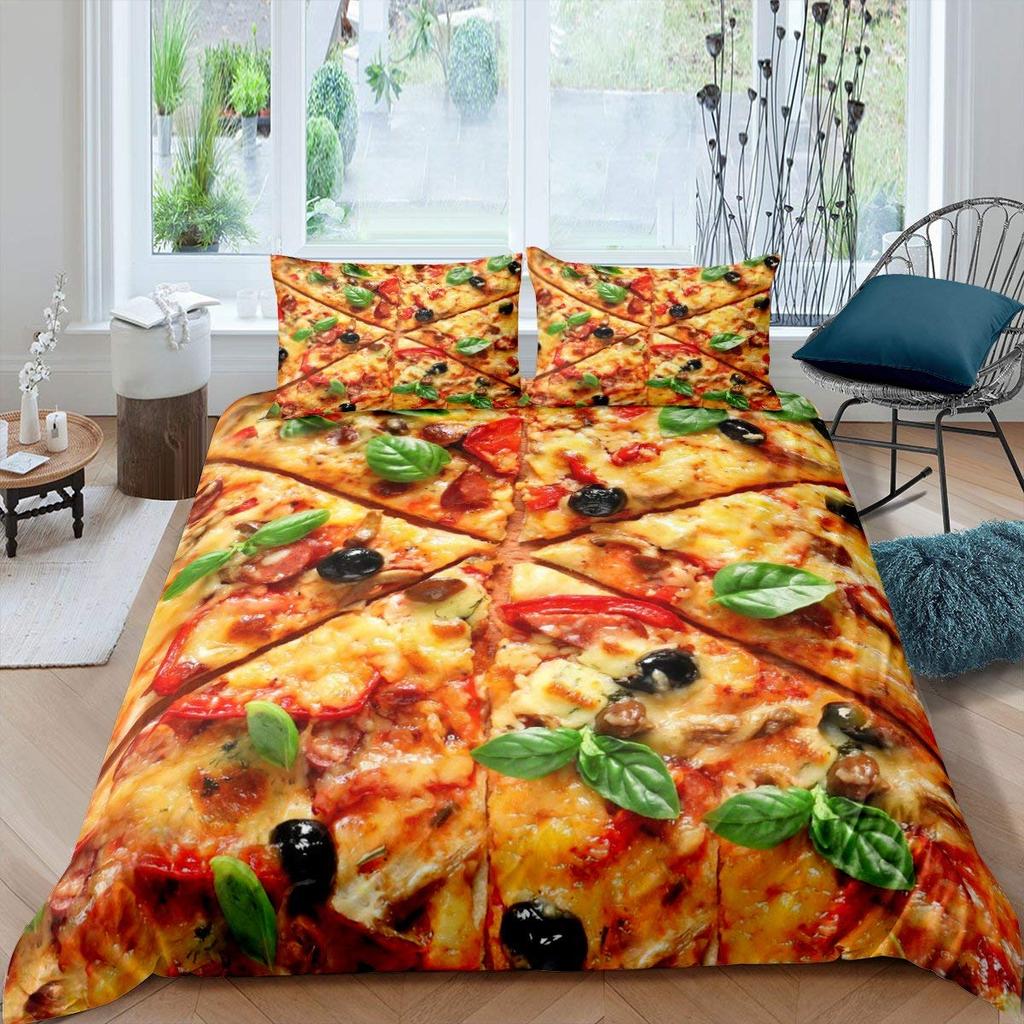 American Fast Food Duvet Cover Set Full Size Polyester Pizza Hotdog Hamburger Print Bedding Set French Fries Cartoon Quilt Cover