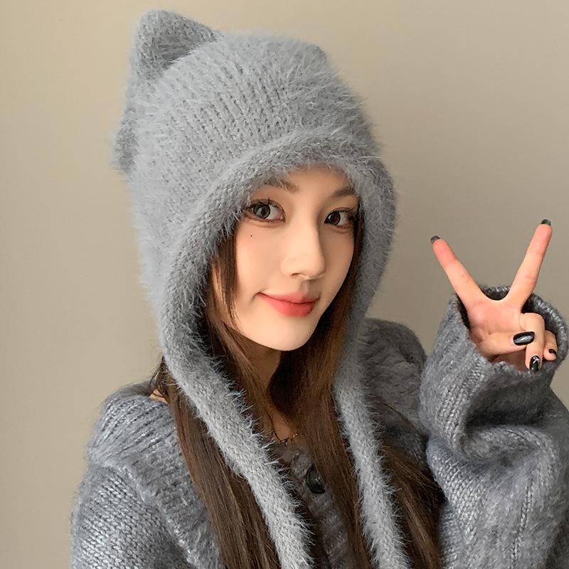 New Rope Cute Cat Ears Knitted Hat Autumn and Winter Warm Ear Protection Hat Fashionable Face Small Wool Hat