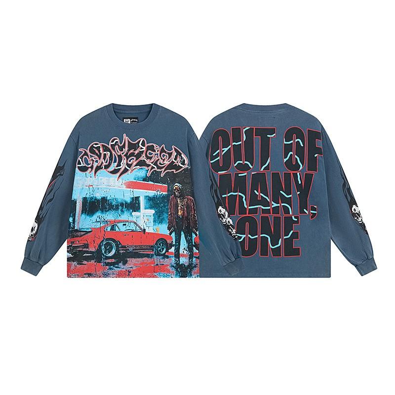 Mens Oversized Cotton Long Sleeve Tee With Skull Graphic Print Streetwear Rock Band Style Loose Fit Teens Adults