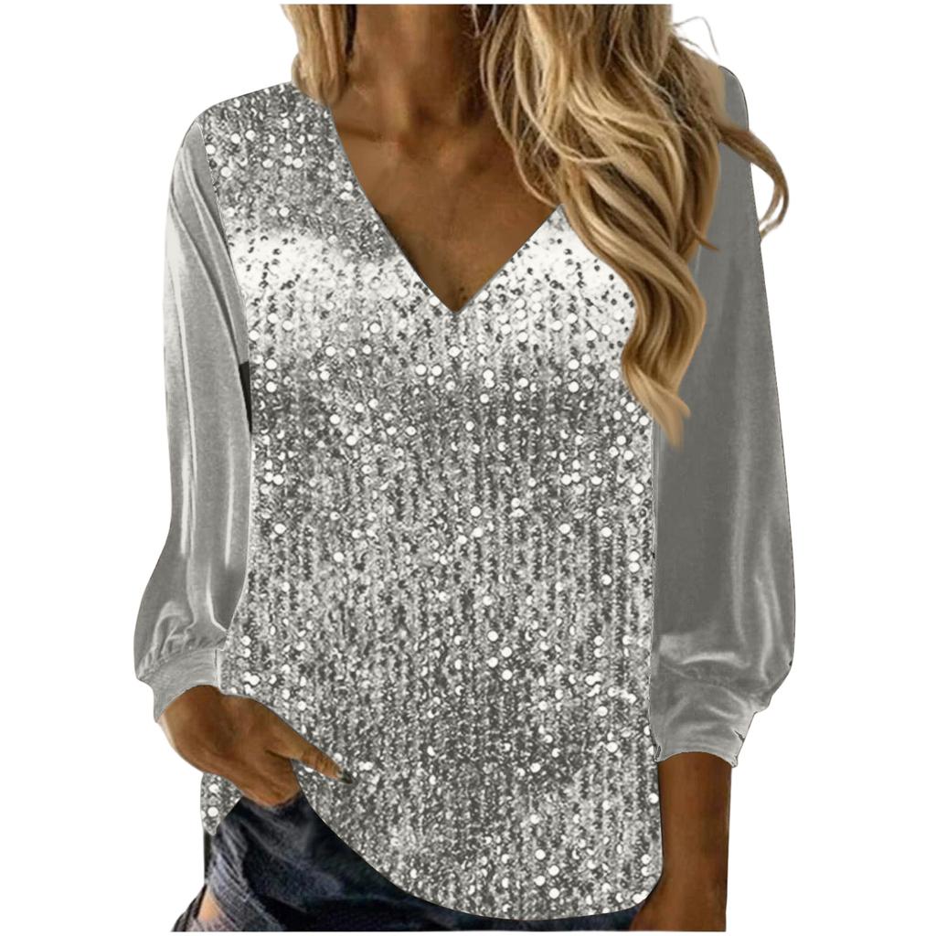 Ladies' Printed Casual And Fashionable Long Sleeved V-neck Top