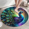 Crystal Velvet Carpet Crystal Velvet Peacock Design Mat - Vibrant Colorful Feathers Circular Mat, Lightweight Hand Wash On