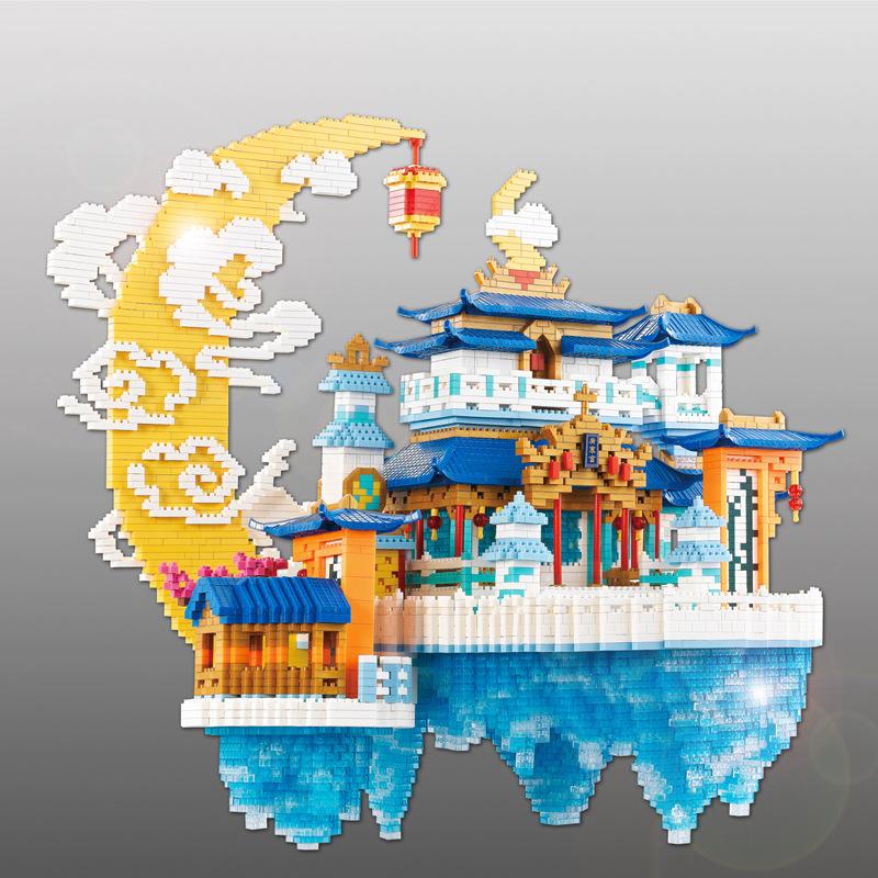 China Mythological Architecture Micro Daimond Block Moon Palace Building Brick Construction Toy Nanobrick Collection With Light