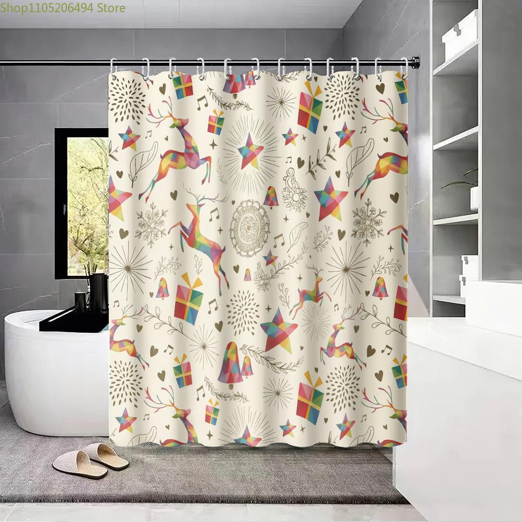 1pc Christmas Print Waterproof Perforated Shower Curtain Shower Partition Privacy Multi Size with 12 Hooks for Easy Installati