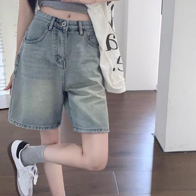 Yan Cepli Denim Pantolon Vintage Yüksek Bel Denim Şort Kadınlar için Geniş Paça Sokak Giyim Kot Düğmeli Fermuarlı