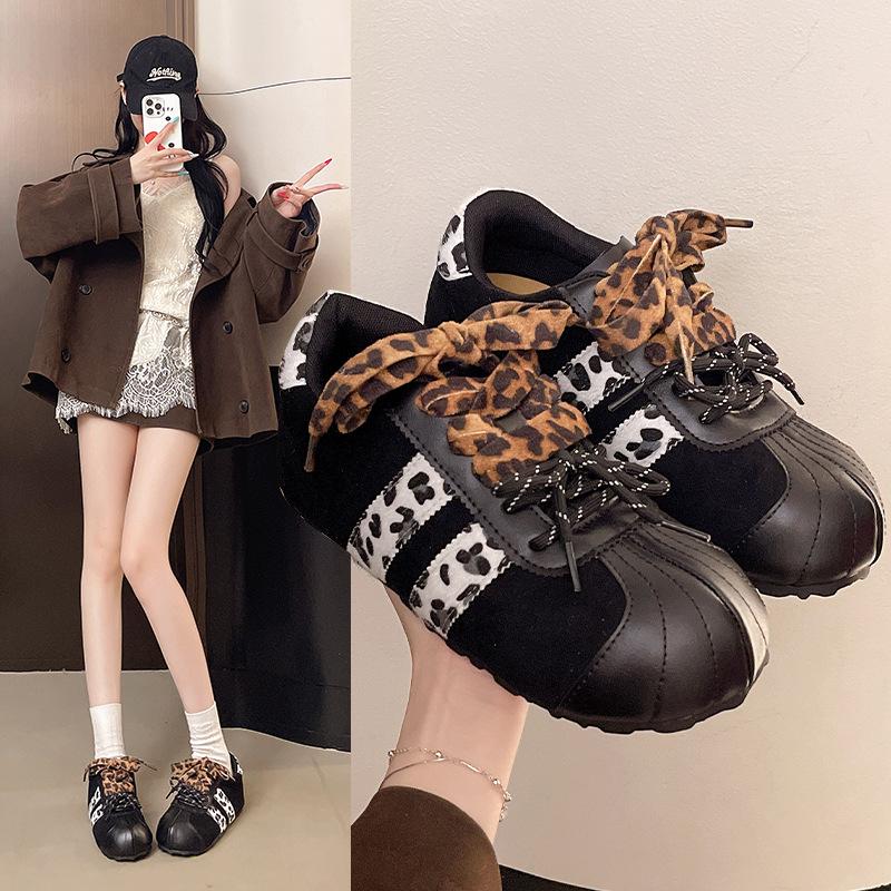 South Korea's Q Version of Ugly and Cute Leopard Print German Training Shoes Women's Autumn 2025 New Inner Height Increase 5cm Color Matching Niche