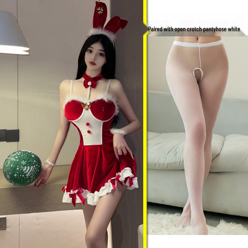 Red Bunny Girl Temptation Dress - Sexy New Year Christmas Lingerie with Removable Battle Robe