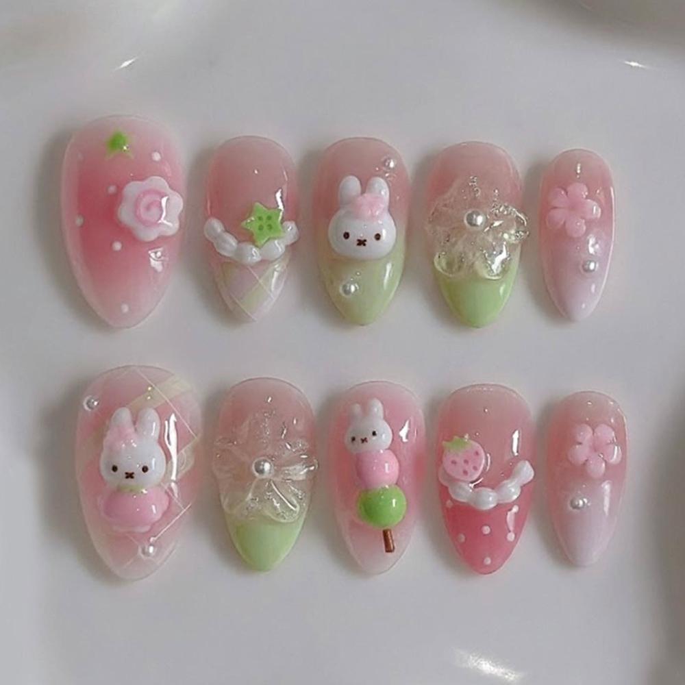 Handmade 3D Cute Rabbit Cat Pink Chocolate Dessert Cream Cartoon Almond Shaped Press On Nails Art Stickers