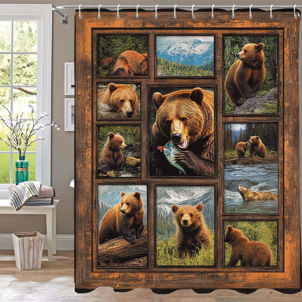 Textile Article Light Retro Country Animal Shower Curtain,Horse, Bear, Elephant And Wolf Printed Decorative Bathroom Curtain, Home Curtain With Hooks