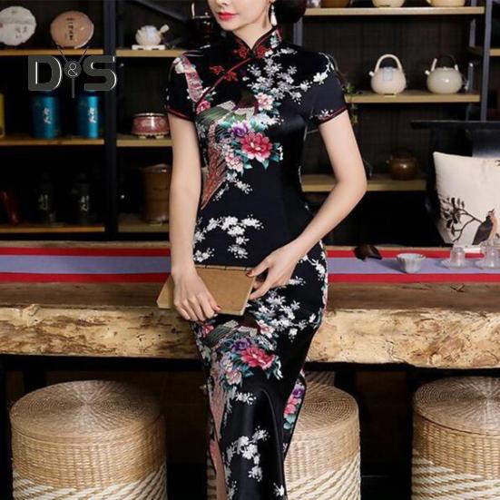 Women Dress Chinese National Style Floral Print Stand Collar Short Sleeves High Side Split Chinese Knot Buttons Cheongsam Satin Silky Slim Fit Summer