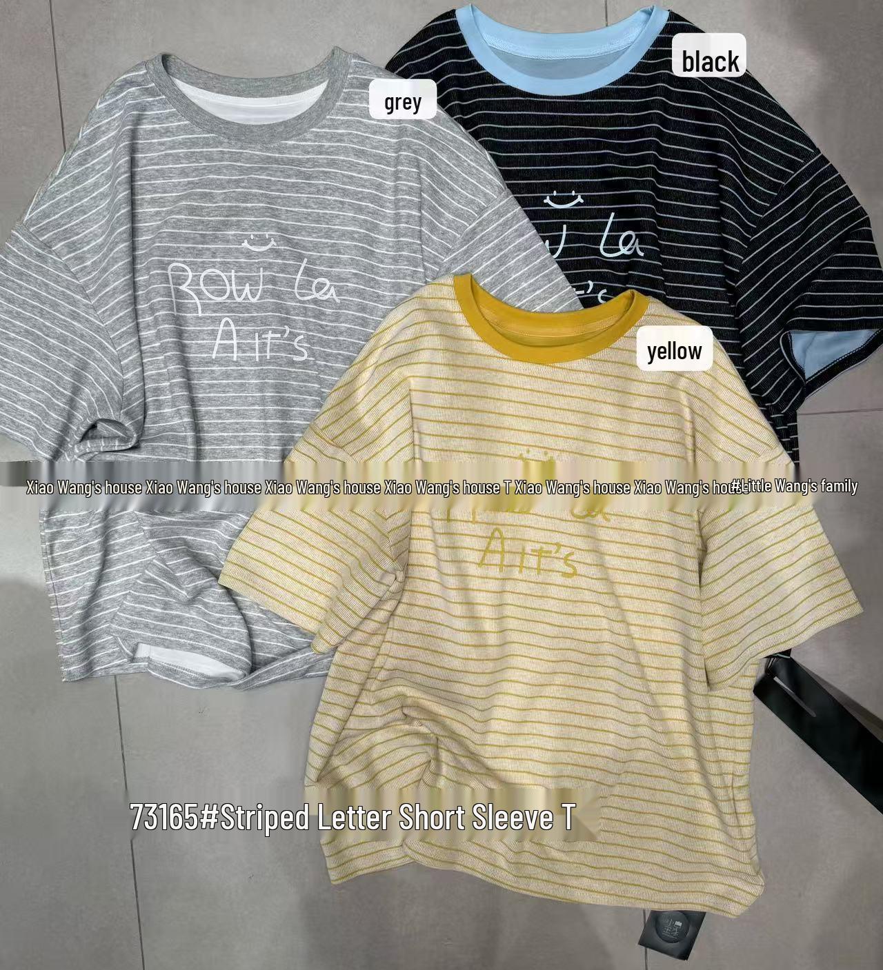 

Xiao Wang s Summer Loose Fit Plus Size Korean Style Letter Stripe T-Shirt One Size жёлтый