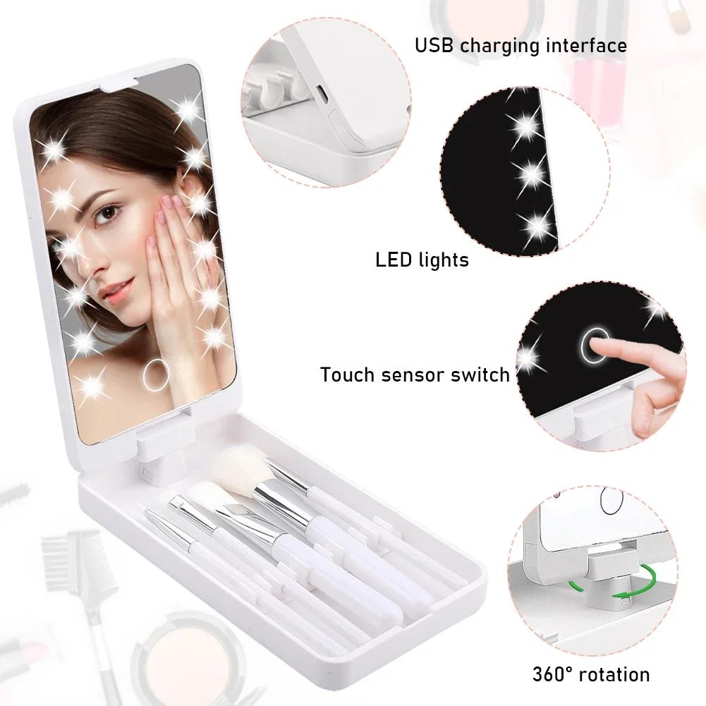 Portable Makeup Mirror With 5 Brushes Storage Box Rotatable LED Touch One-Face Storage Box Foldable Compact Makeup Mirror
