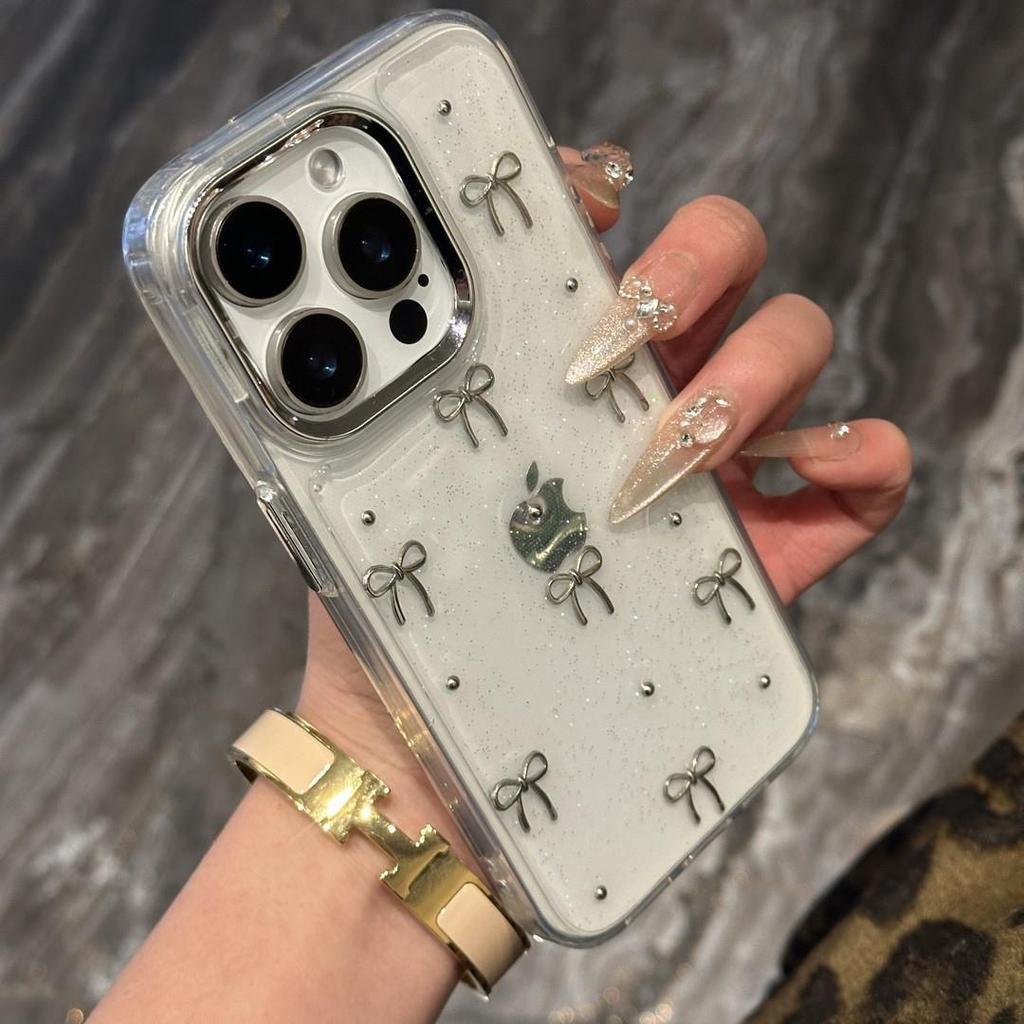 INS Korea Glitter 3D Silver Bow Beads Phone Case For iPhone 17 Air 16 15 14 13 12 11 Pro Max Plus Epoxy Shell Clear Bumper Cover