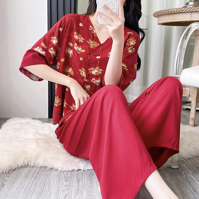 New cotton and silk pajamas women's spring and summer printing retro new Chinese style national style can be worn outside loungewear cotton silk suit