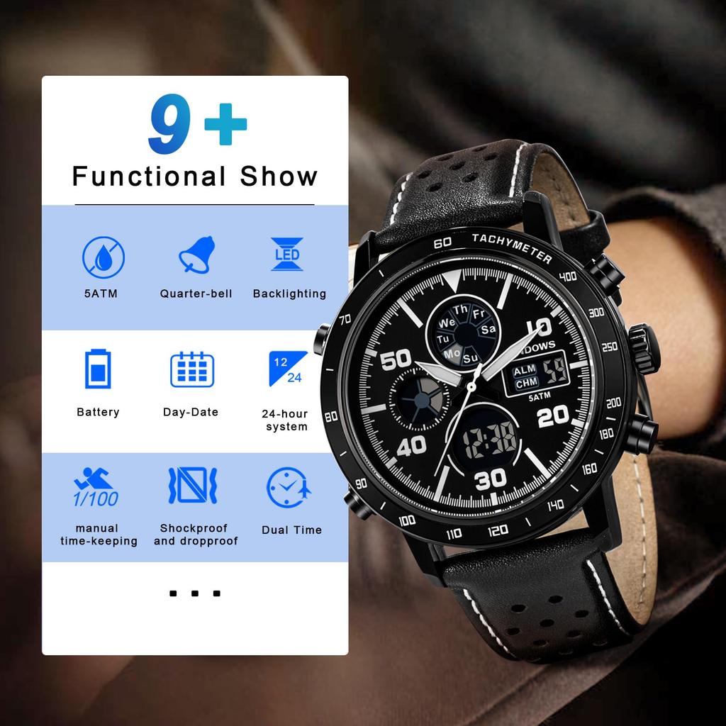 PINDOWS Analog-Digital Watch, Retro Racing Perforated Genuine Leather Strap Model PDS-642, Black, Men's