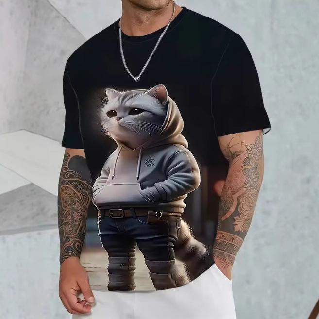 Summer Round Neck 3D Cartoon Cat Print Top Fashionable Casual Short Sleeved Men's T-shirts