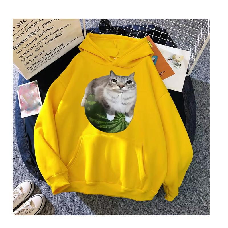 Felpe con cappuccio stampate Gatto Anguria Gatto Stupido Meme Abbigliamento Streetwear Gotico Casual Anni '90 Felpe con cappuccio Grafiche Y2k da Donna
