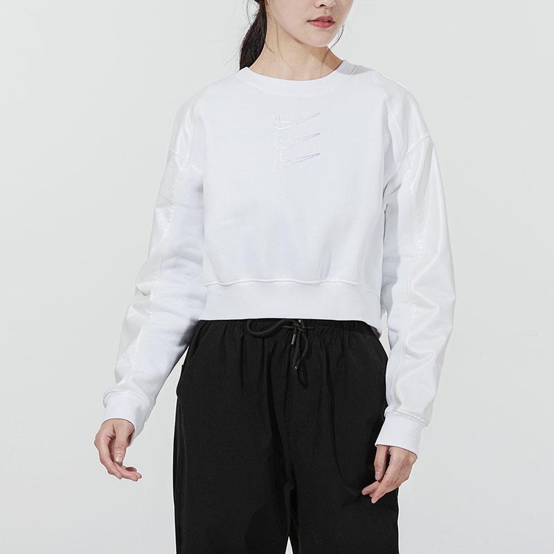 Nike W Nsw Flc Gx Crew Opal Casual Sports Fleece Lined Crew Neck Pullover Short Sweatshirt Women's White DM7658-100