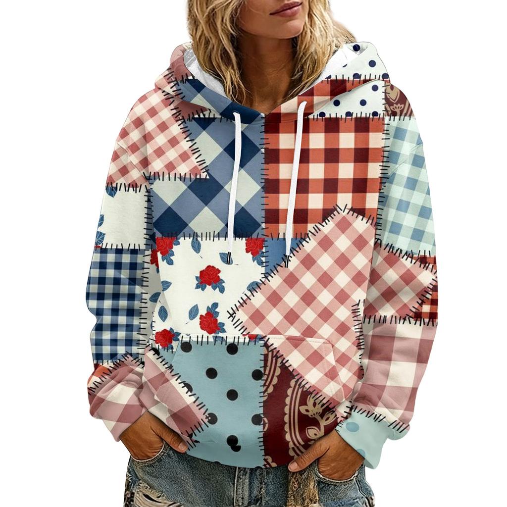 Felpa da donna con cappuccio, stampa retrò, manica lunga, tasche e design casual a pullover