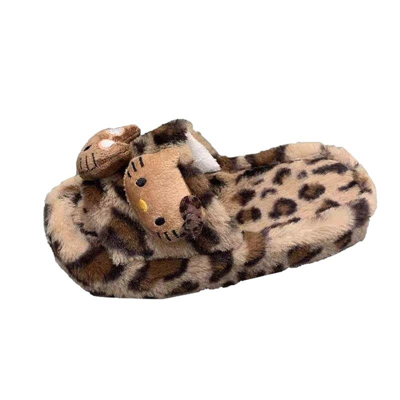 Leopardenmuster niedliche Katze ist sehr bequem und gutaussehend, Winter neue dicksohlige Baumwoll-Schlepp-Damenschuhe flauschige Schlepp-Fleece-Warmschuhe