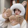 Women's Fleece-Lined Winter Hat & Scarf Three-Piece Set with Gloves and Hooded Rabbit Ears