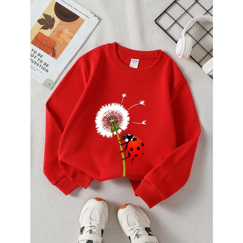 Kids Crew Neck Sweatshirt, Ladybug On Dandelion Stem Print, Soft Cozy Pullover,Daily Casual Top for Spring & Autumn