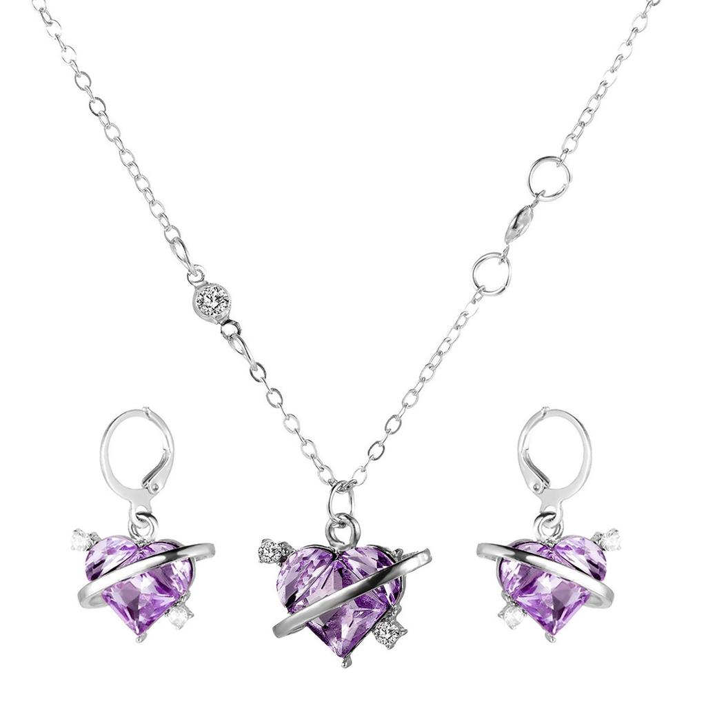 Love Planet Necklace Earrings, Light Luxury Girl Purple Diamond Love 2-piece Set