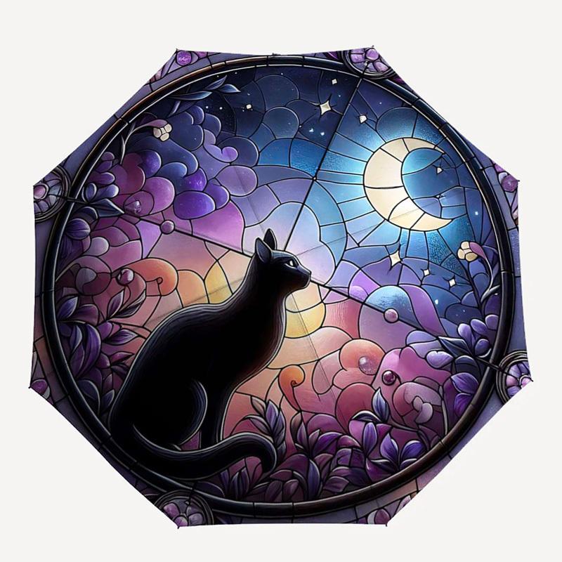 1pc Stained Glass Cat Moon Outdoor Umbrella - Automatic Opening Folding Design, 8-Bone Iron Frame, Festival Gift for Fans, Travelers, Daily Use.KK059