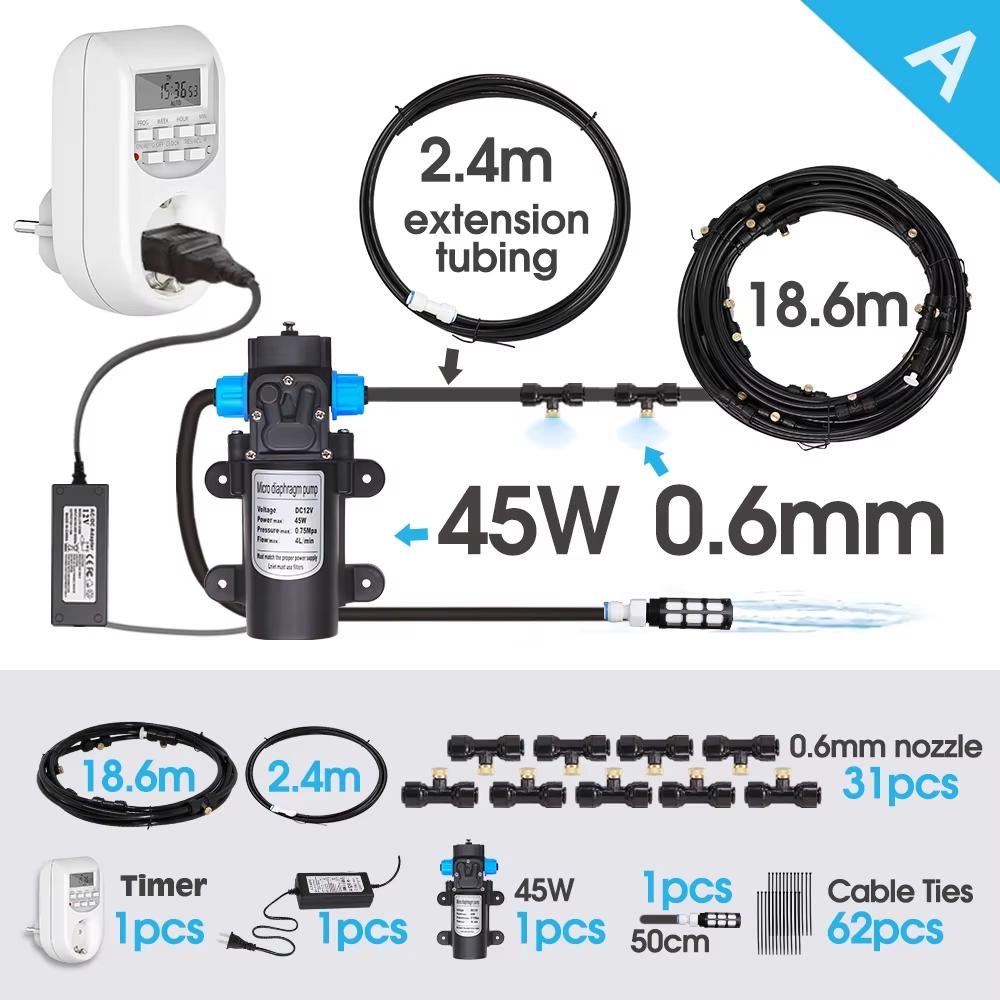 Gardening 45W Pump 0.6mm Atomization Watering Cooling System Kit Intelligent Automatic Timer Controller Quick Connection Nozzle