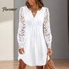 Women Dress V-neck Buttons Neckline Pleated Loose Hem Summer Beach Embroidery Lace Long Sleeve Solid Color Mini