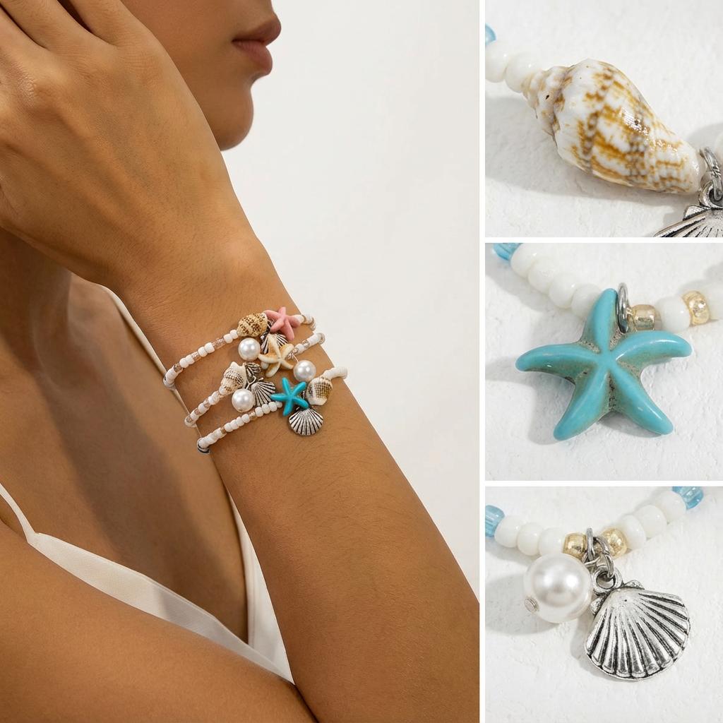 Bohemian Multilayer Starfish Bracelets for Women Y2K Summer Beach Pearl Shell Charm Elastic Beaded Bracelet Fashion Jewelry Gift