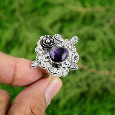 Natural Star Amethyst Statement Flower Adjustable Ring 925 Silver For Women