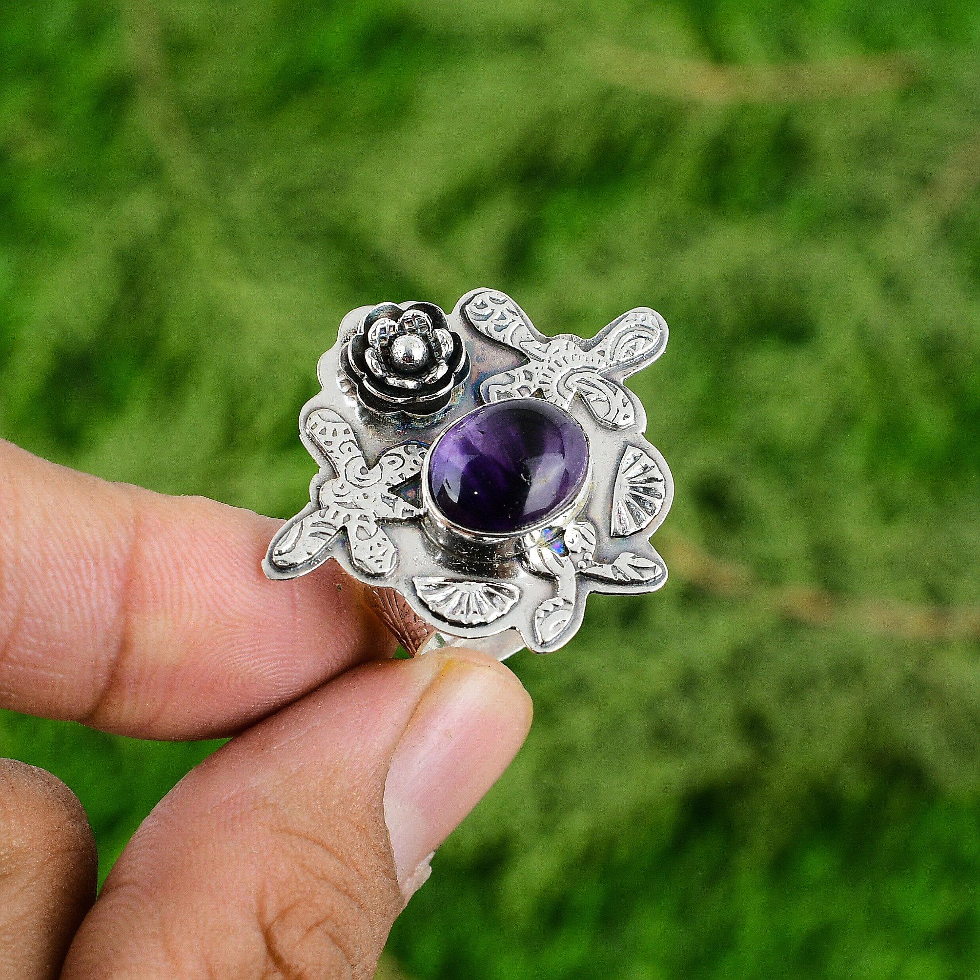 

Natural Star Amethyst Statement Flower Adjustable Ring 925 Silver For Women Adjustable