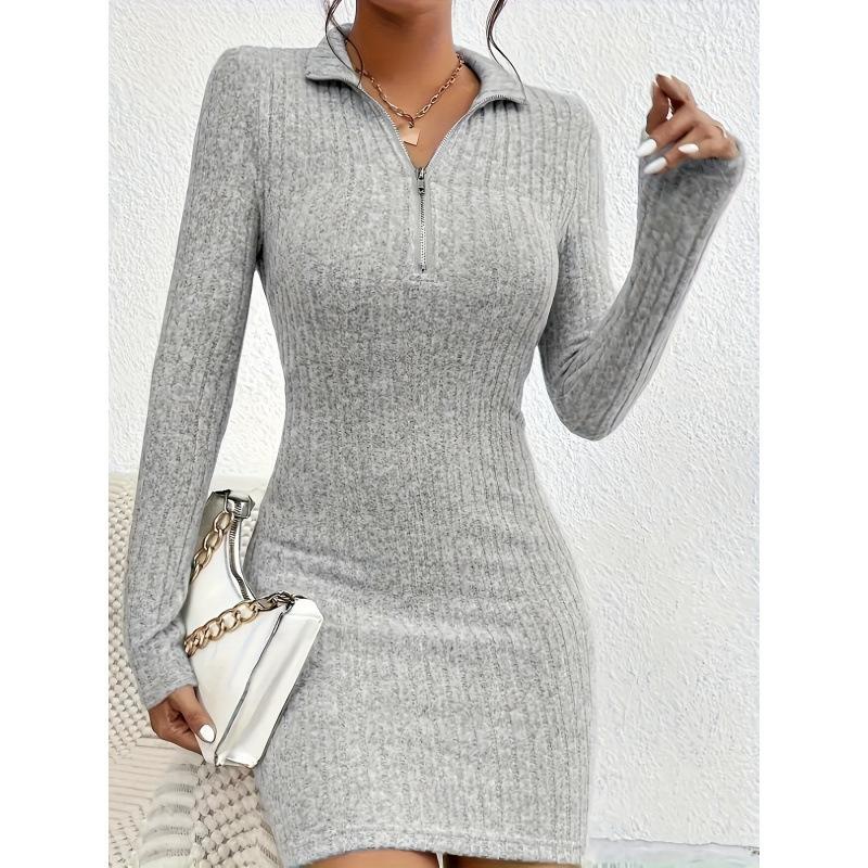 Europa und die Vereinigten Staaten wünschen unabhängige Station Herbst und Winter Damenbekleidung Revers Reißverschluss Taille Langarm Gestricktes Hüftkleid