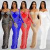 Modisches, durchsichtiges, langärmliges Kleid aus Drillichnetz für Damen