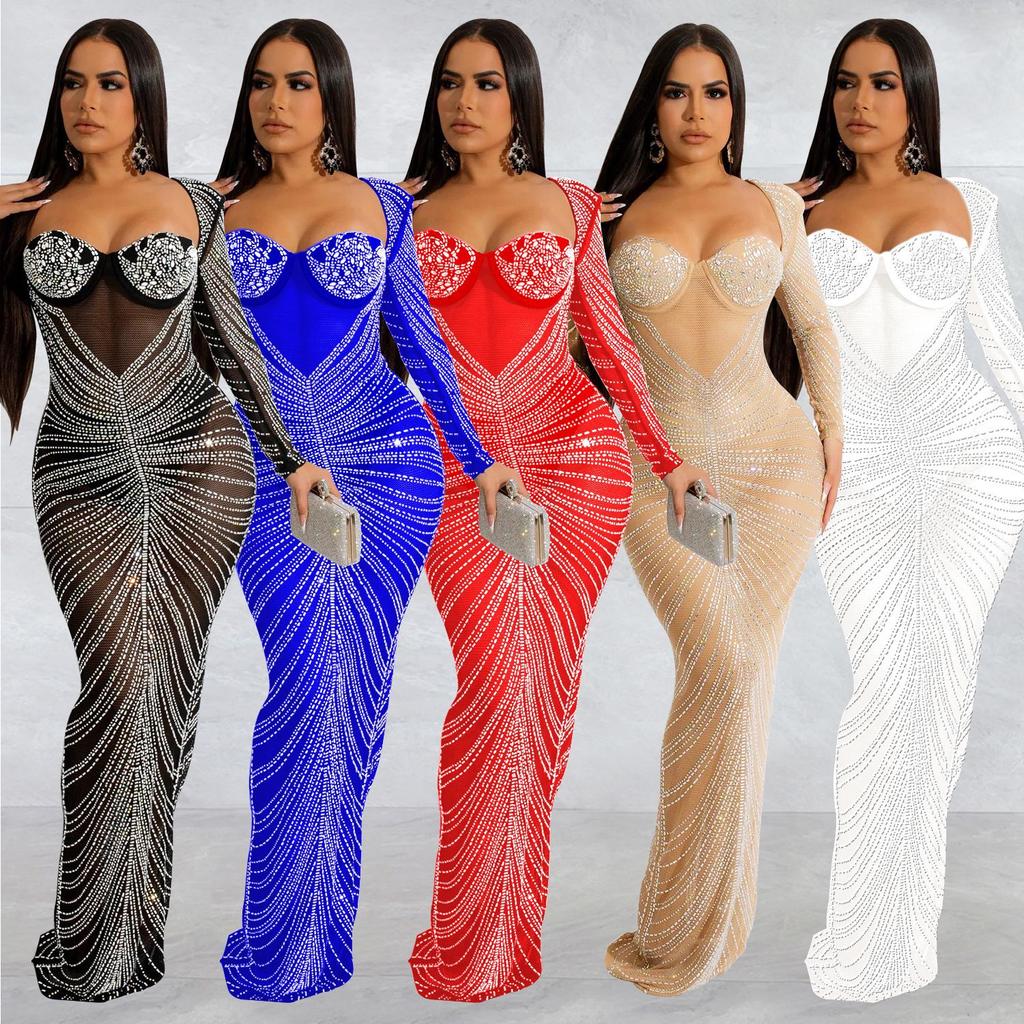 Modisches, durchsichtiges, langärmliges Kleid aus Drillichnetz für Damen