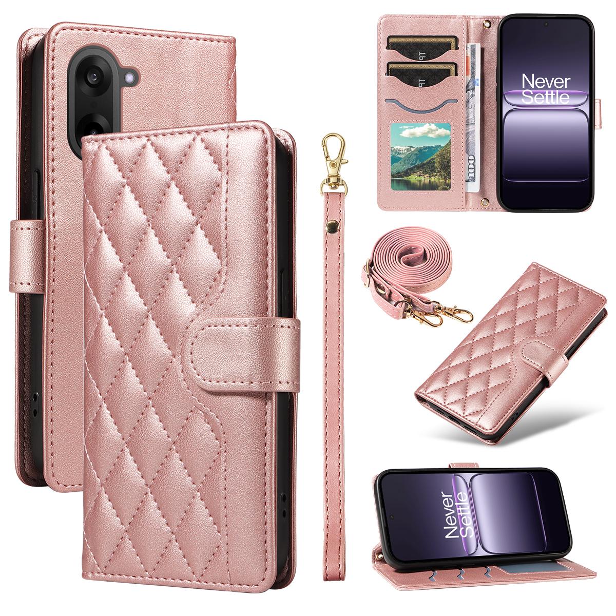 

For OnePlus Nord CE5 5G/OnePlus Ace 5 Racing 5G Wallet Case Rhombus Leather Phone Cover with Strap Rose Gold