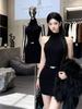Elegant Korean Style Halter Sleeveless Knit Dress with Lace Open Back and Hip-Exposed Short Skirt