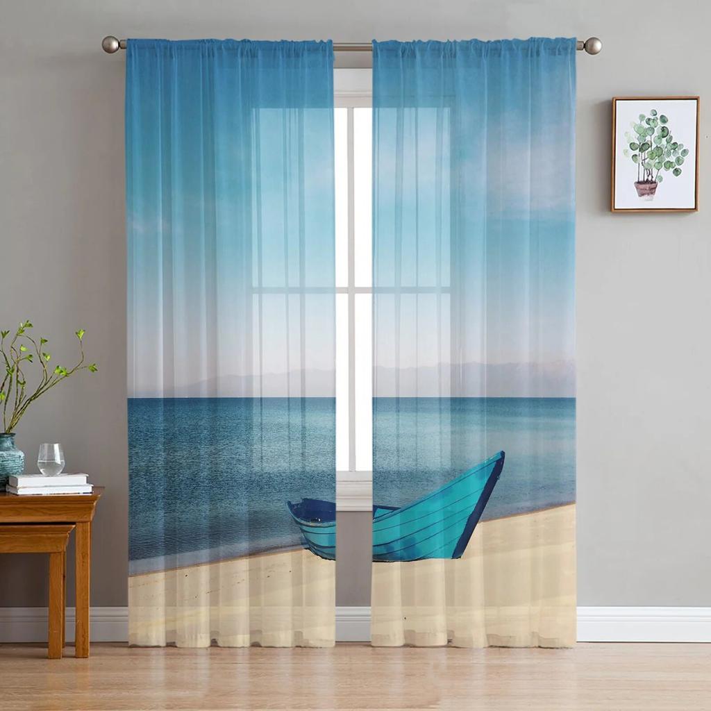 Beach Sky Sea Tulle Curtains for Living Room Bedroom Decor Chiffon Sheer Voile Kitchen Window Curtain