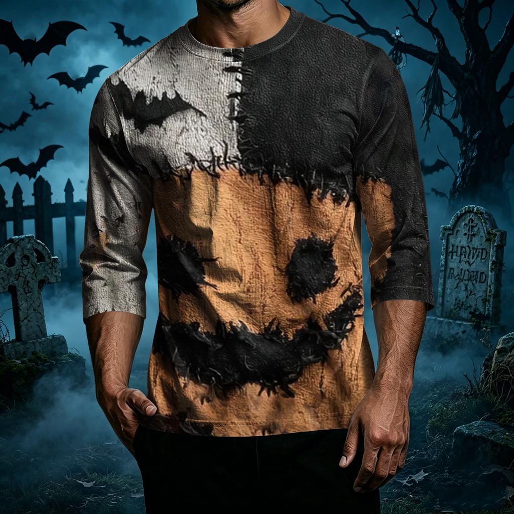 Men's Casual Halloween Print Patchwork Crew Neck T Shirt Three Quarter Sleeve Top Comfortable Fit Lightweight Fabric