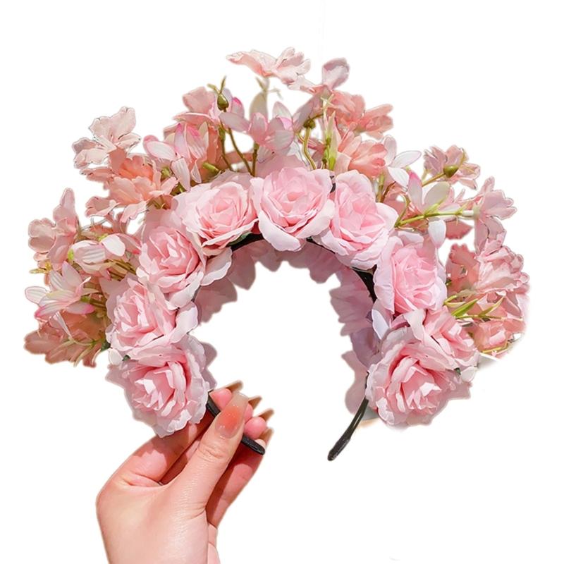 Colorful Flower Headband Double-sided Crown Hair Wreath Wedding Party Costume Headpiece for Bridal Women Hair Accessory