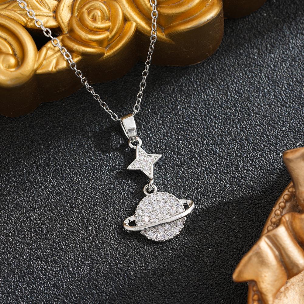 Elegant Titanium Steel Diamond Planet Necklace for Women: Clavicle Chain with Luxurious Feel, Popular Online Accessory.