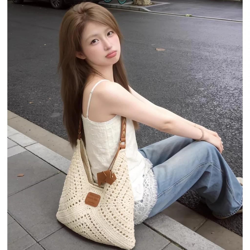 Cotton Rope Woven Bucket Bag With Drawstring Closure For Casual Travel And Day Use