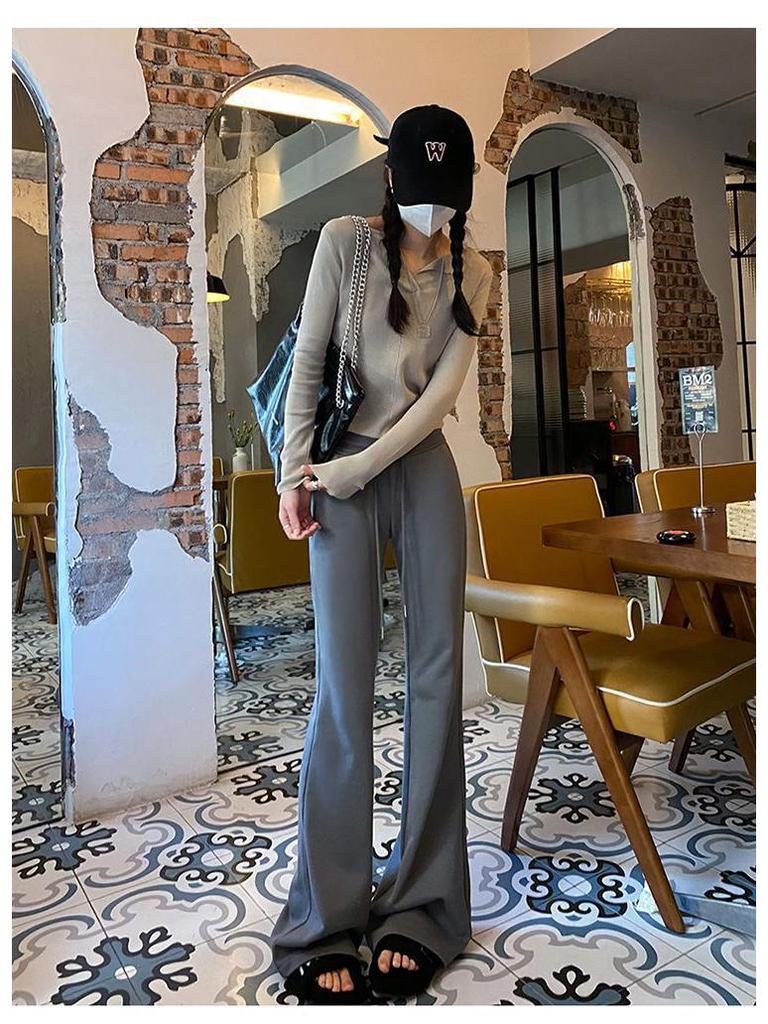 Women's Gray Low-Waist Flare Pants - 2025 Spring Drawstring Casual Slimming Straight Leg Trousers