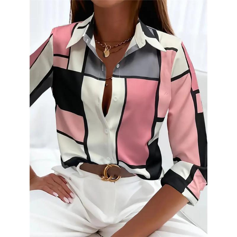 Boutique Pattern Printed Button Long Sleeve Women's Shirt Vintage Elegant Office Fashion Large Size Women's Daily Lapel Shirt
