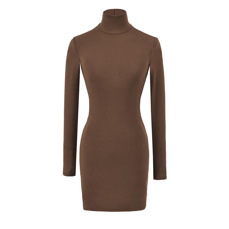 Elegant High-Neck Faux Cashmere Long-Sleeve Dress for Women, Autumn/Winter, Slimming Stretchy Fit, Short Plush Skirt