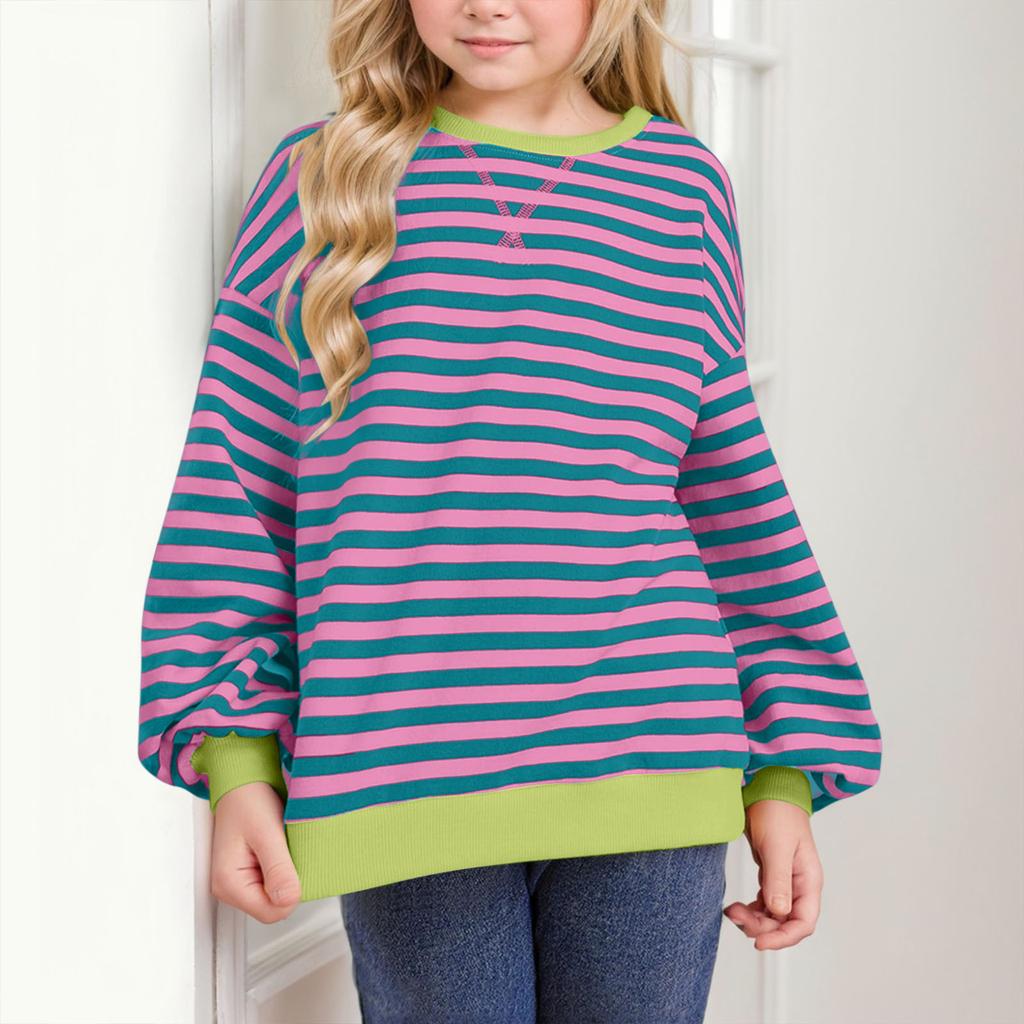 Children's Long-sleeved Sweatshirt Striped Color Block Top Round Neck Casual Comfortable Loose Light Sweatshirt
