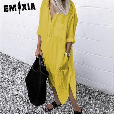 Abito a Maniche Lunghe Semplice con Bottoni a Chiodo, Colore Unito Elegante, Spacco, per Donna, Estate Autunno