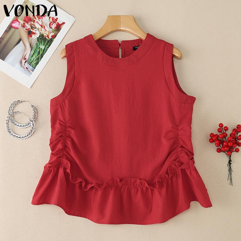 VONDA Women Round Neck Sleeveless Ruffled Twisted Hem Casual Tank Tops