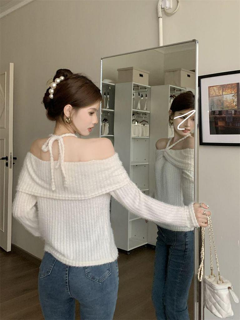 Koreanischer Spicy Girl Neckholder Schulterfreier Pullover - Damen Herbst Langarm Stilvolles Oberteil